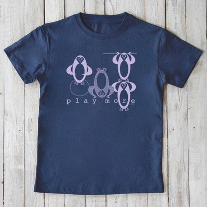 Kids' Penguin Organic Cotton T-Shirt in navy blue with playful pink penguin graphic and 'play more' text, eco-friendly sea life apparel.