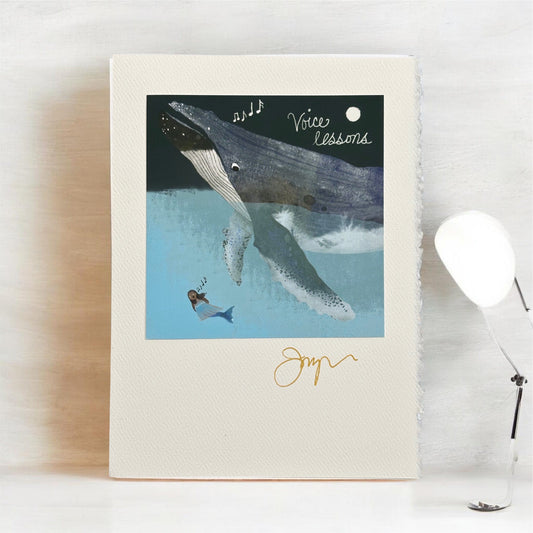 Whale and mermaid art greeting card with ocean scene and handwritten 'Voice lessons' text