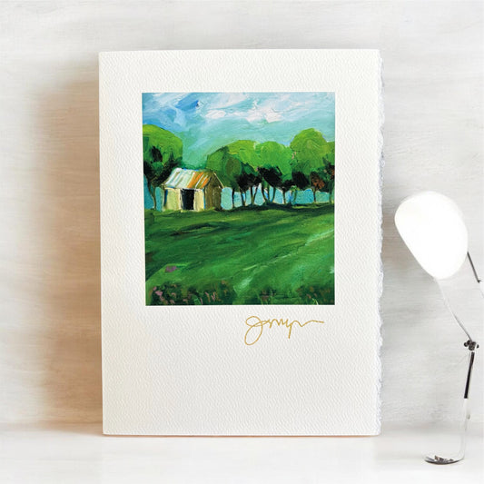 Artistic landscape greeting card with trees and a house, signed by Jody