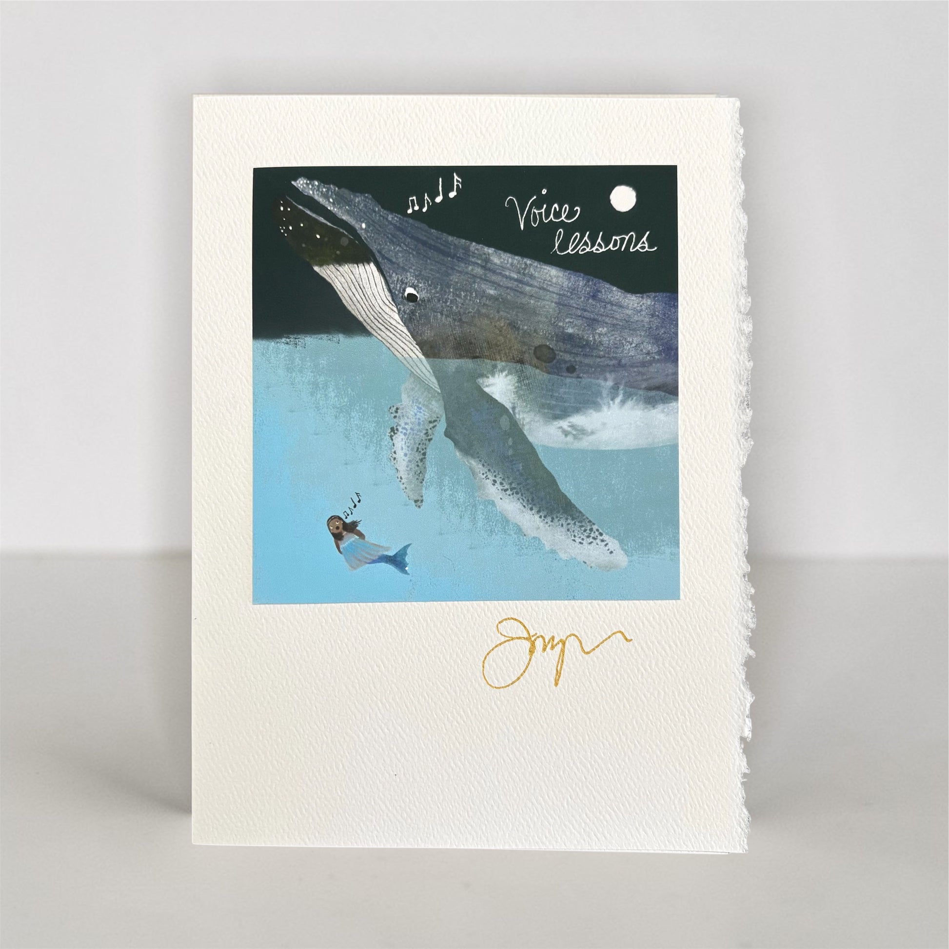 Whale and mermaid art greeting card with ocean scene and handwritten 'Voice lessons' text