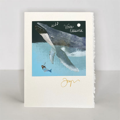 Whale and mermaid art greeting card with ocean scene and handwritten 'Voice lessons' text