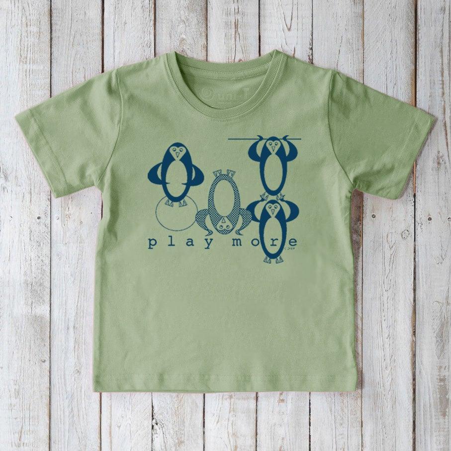 Green Kids' Organic Cotton Penguin T-Shirt featuring blue sea life penguins and 'play more' slogan, sustainable and fun animal graphic tee.