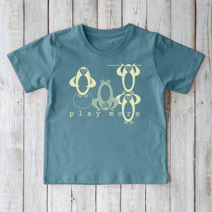 Blue Kids' Organic Cotton T-Shirt with yellow penguin graphics and 'play more' message, sustainable and playful animal-themed children's top.