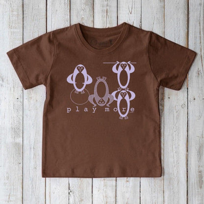 Brown Kids' Organic Cotton T-Shirt with light purple penguin design and 'play more' lettering, eco-friendly sea life apparel for kids.