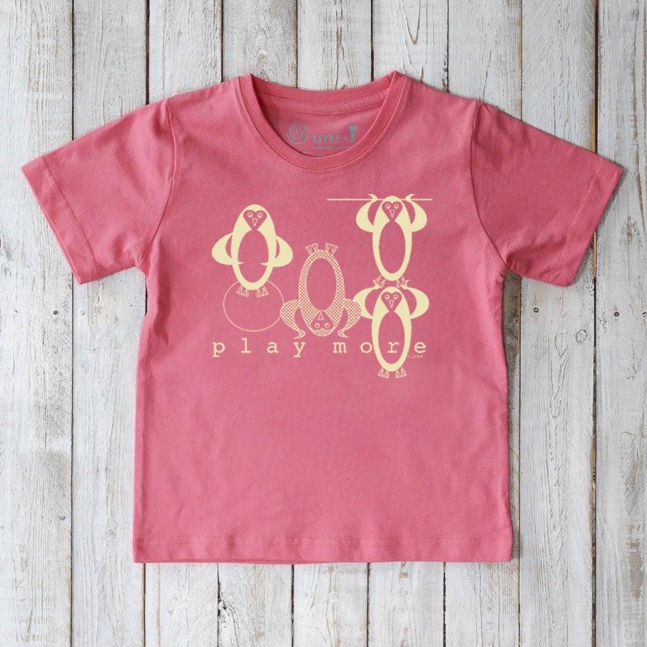 Pink Kids' Penguin Organic Cotton T-Shirt with yellow penguin characters and 'play more' text, sustainable and fun animal graphic tee for children.