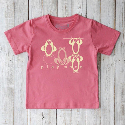 Pink Kids' Penguin Organic Cotton T-Shirt with yellow penguin characters and 'play more' text, sustainable and fun animal graphic tee for children.