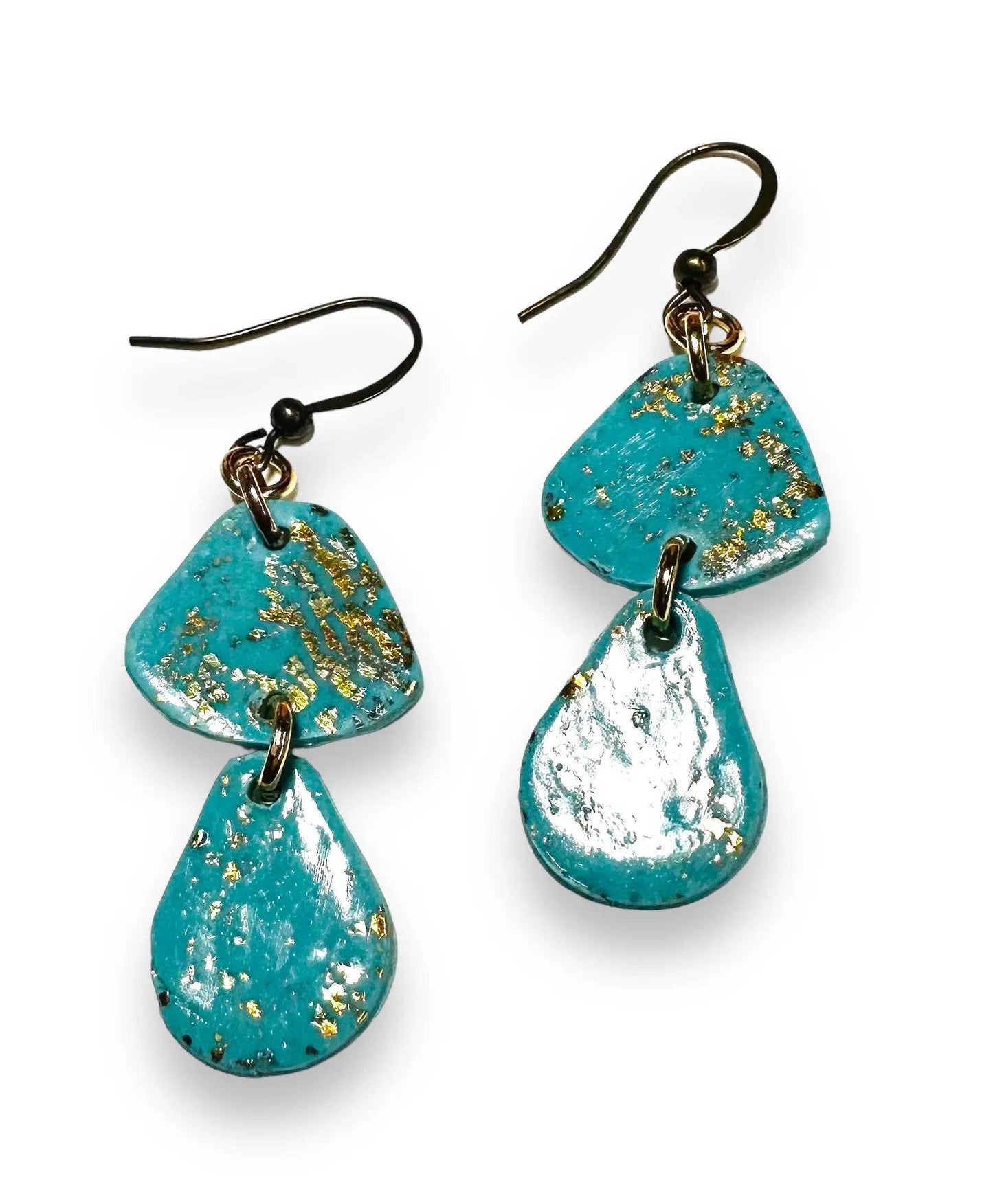Geometric turquoise polymer clay earrings with gold foil flecks and dual drop design, a trendy and affordable jewelry option.