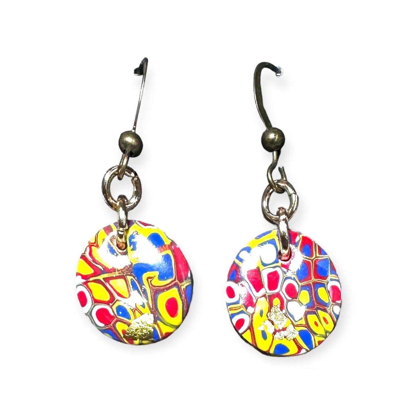 Colorful round polymer clay earrings with abstract red, yellow, and blue patterns, ideal for bold and affordable gift ideas.