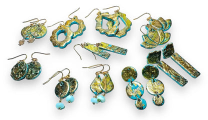 Collection of turquoise and gold polymer clay earrings in assorted shapes and styles, ideal for affordable and artistic jewelry gifts.