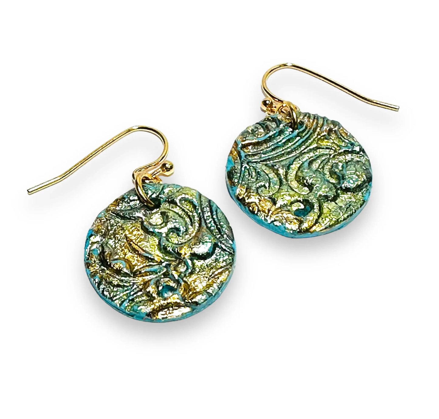Round embossed polymer clay earrings with gold and turquoise tones, offering a textured and elegant affordable gift option.