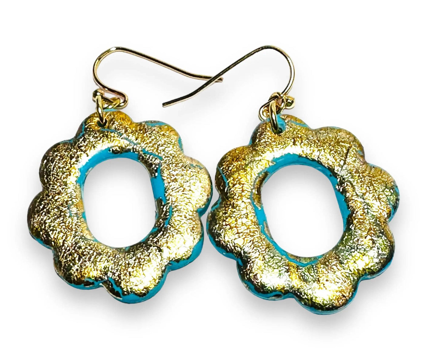 Scalloped floral turquoise polymer clay earrings with bold gold foil overlay, ideal for statement jewelry gifts.