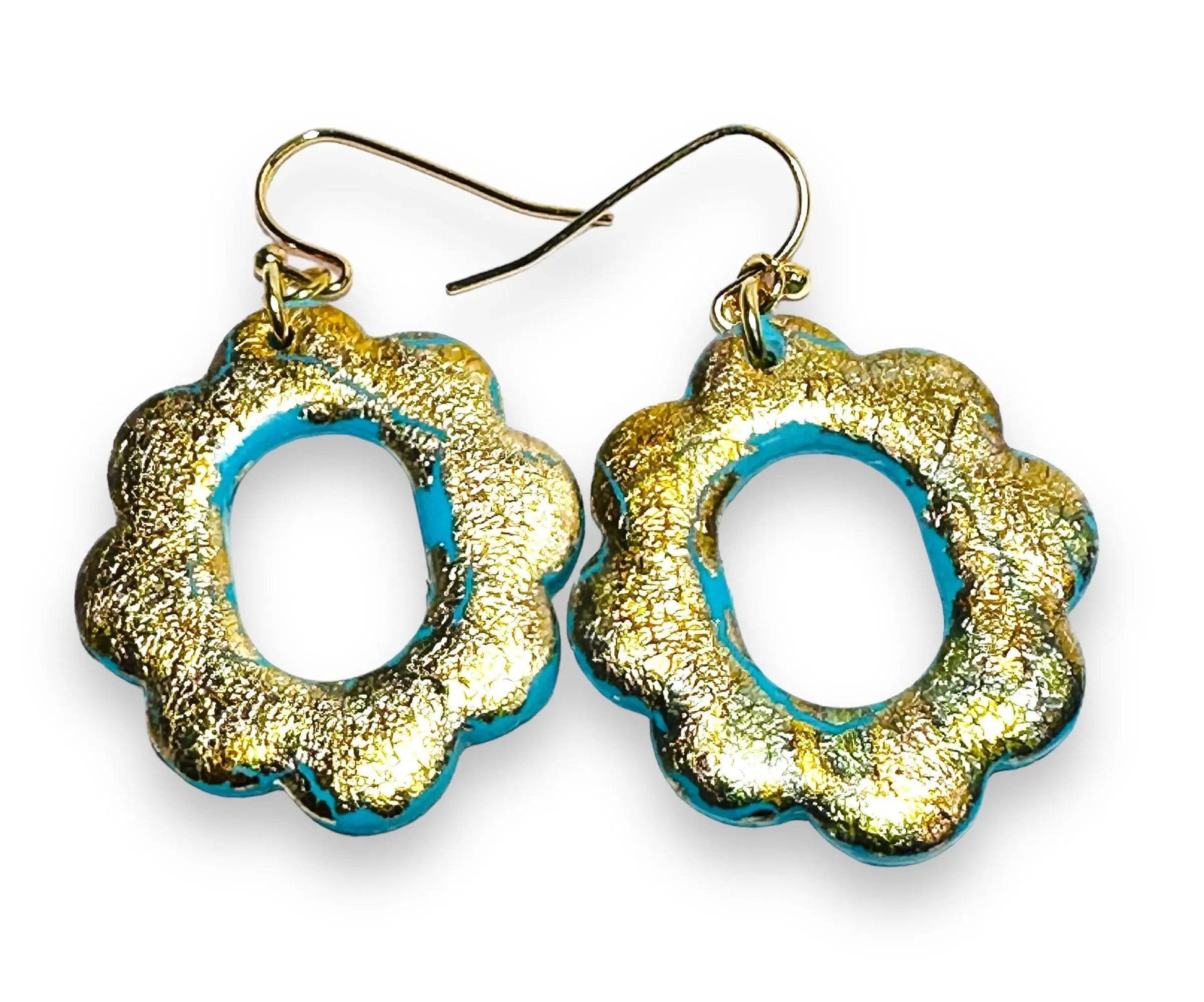 Scalloped floral turquoise polymer clay earrings with bold gold foil overlay, ideal for statement jewelry gifts.