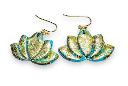 Lotus flower-shaped polymer clay earrings in turquoise with gold leaf, a symbolic and affordable gift choice.