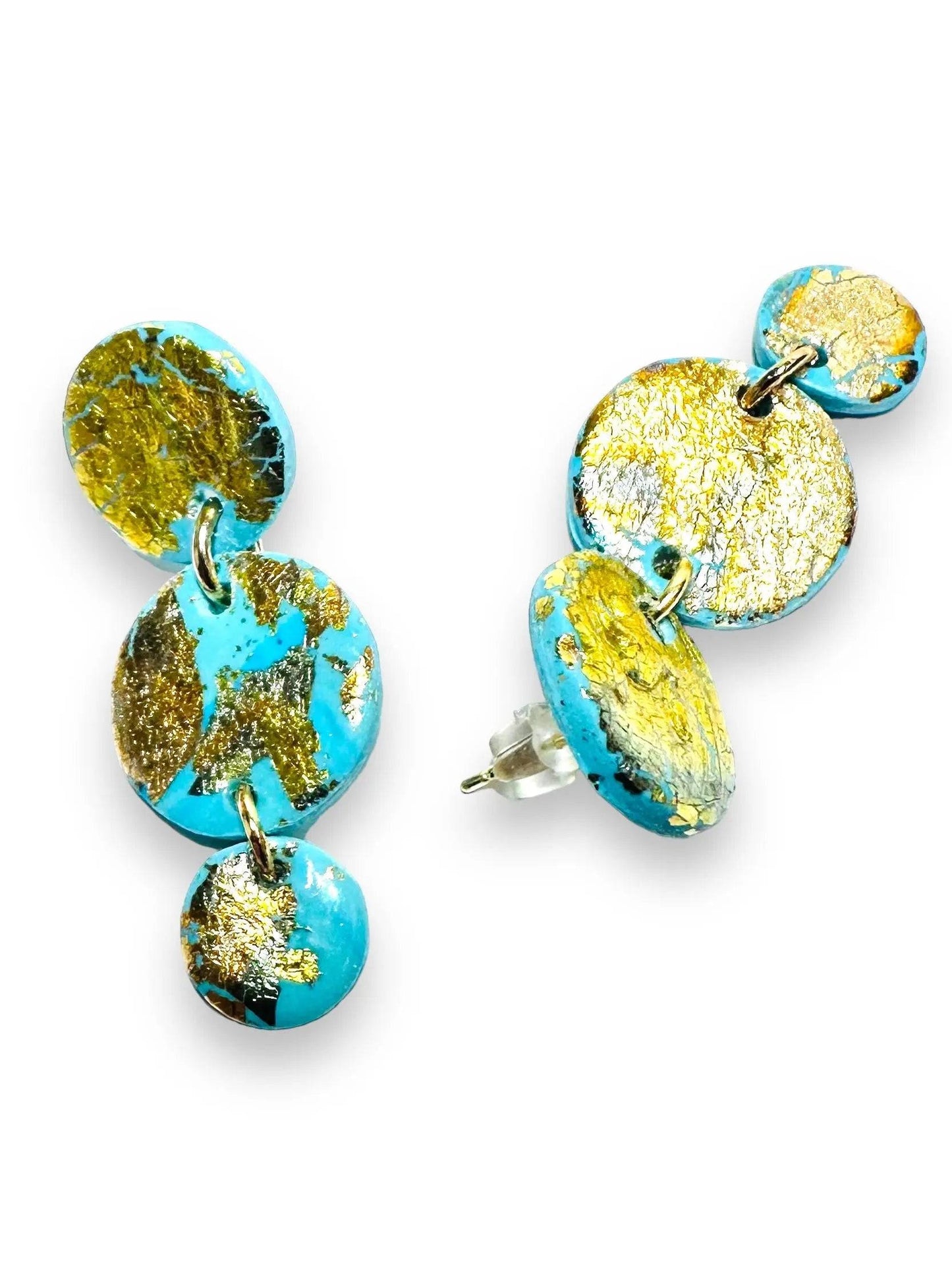 Three-tiered round polymer clay earrings in turquoise with gold foil, featuring post backs for a modern and affordable gift.
