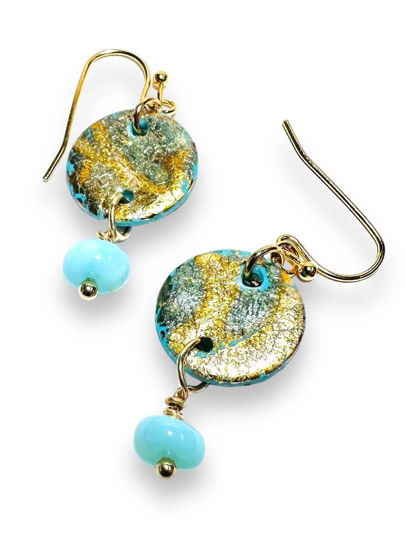 Round turquoise polymer clay earrings with gold foil and blue bead dangles, a charming and affordable jewelry gift.