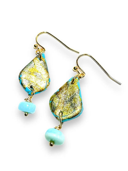 Teardrop turquoise polymer clay earrings with gold foil and blue bead accents, perfect for stylish and affordable gifting.