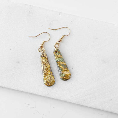 Gold shimmer polymer clay earrings with teardrop shape and gold plated earwires. Affordable gifts from the Gold Shine collection.