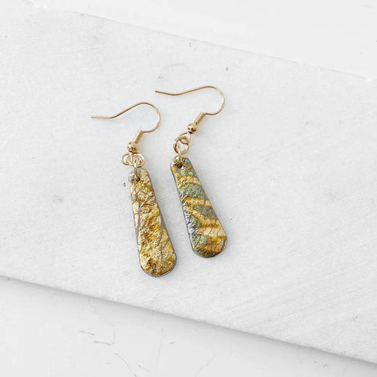 Gold shimmer polymer clay earrings with teardrop shape and gold plated earwires. Affordable gifts from the Gold Shine collection.