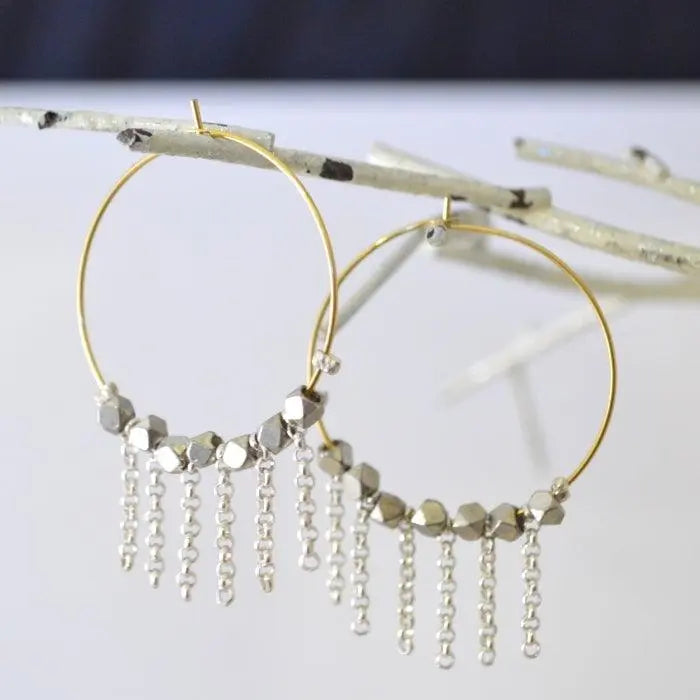 Pyrite Hoop with Dangle Chains Earrings