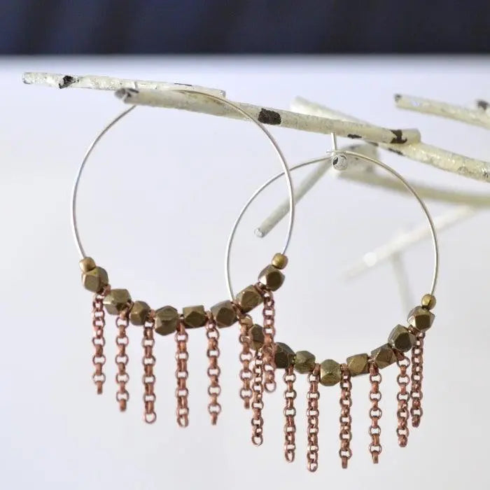 Pyrite Hoop with Dangle Chains Earrings