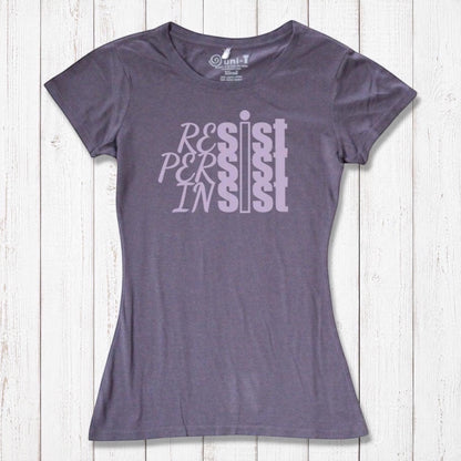 Feminist empowerment tee in plum purple featuring 'Resist Persist Insist' text. Sustainable bamboo & organic cotton by Uni-T.
