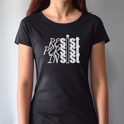Black bamboo & organic cotton women's t-shirt with bold 'Resist Persist Insist' graphic. Motivational gift for activists by Uni-T.