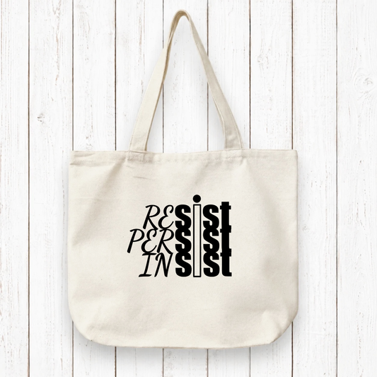 Activist gift canvas tote bag with RESIST PERSIST INSIST text in lavender ink on organic fabric. Eco-friendly and ideal for social justice events.