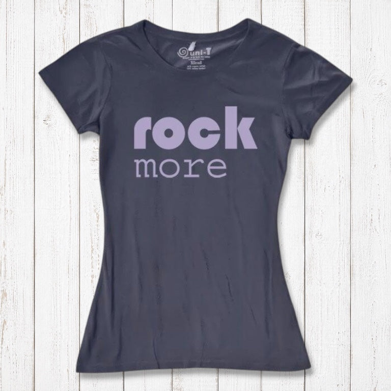Women's Rock and Roll T-Shirt in dark gray bamboo & organic cotton with lavender 'rock more' quote. Eco-friendly concert tee for music lovers.