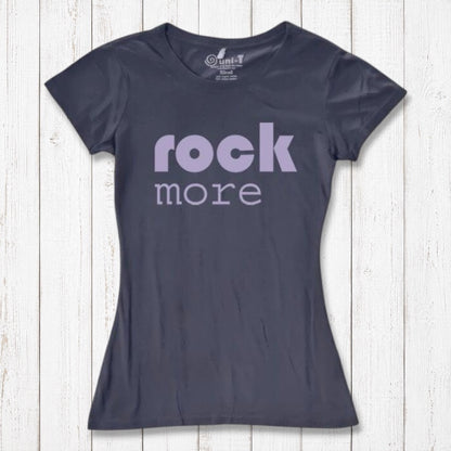 Women's Rock and Roll T-Shirt in dark gray bamboo & organic cotton with lavender 'rock more' quote. Eco-friendly concert tee for music lovers.