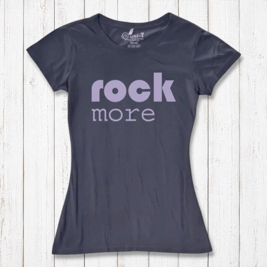 Women's Rock and Roll T-Shirt in dark gray bamboo & organic cotton with lavender 'rock more' quote. Eco-friendly concert tee for music lovers.
