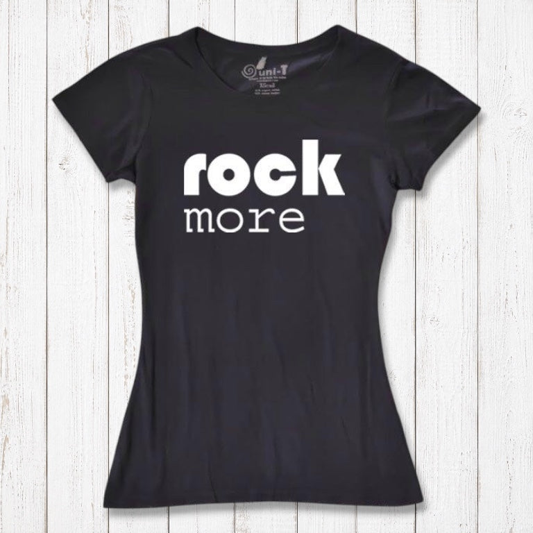 Black women's bamboo & organic cotton 'Rock More' t-shirt with bold white graphic. Sustainable rock concert tee for music fans.