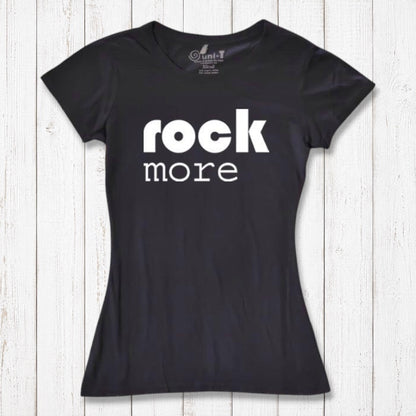 Black women's bamboo & organic cotton 'Rock More' t-shirt with bold white graphic. Sustainable rock concert tee for music fans.