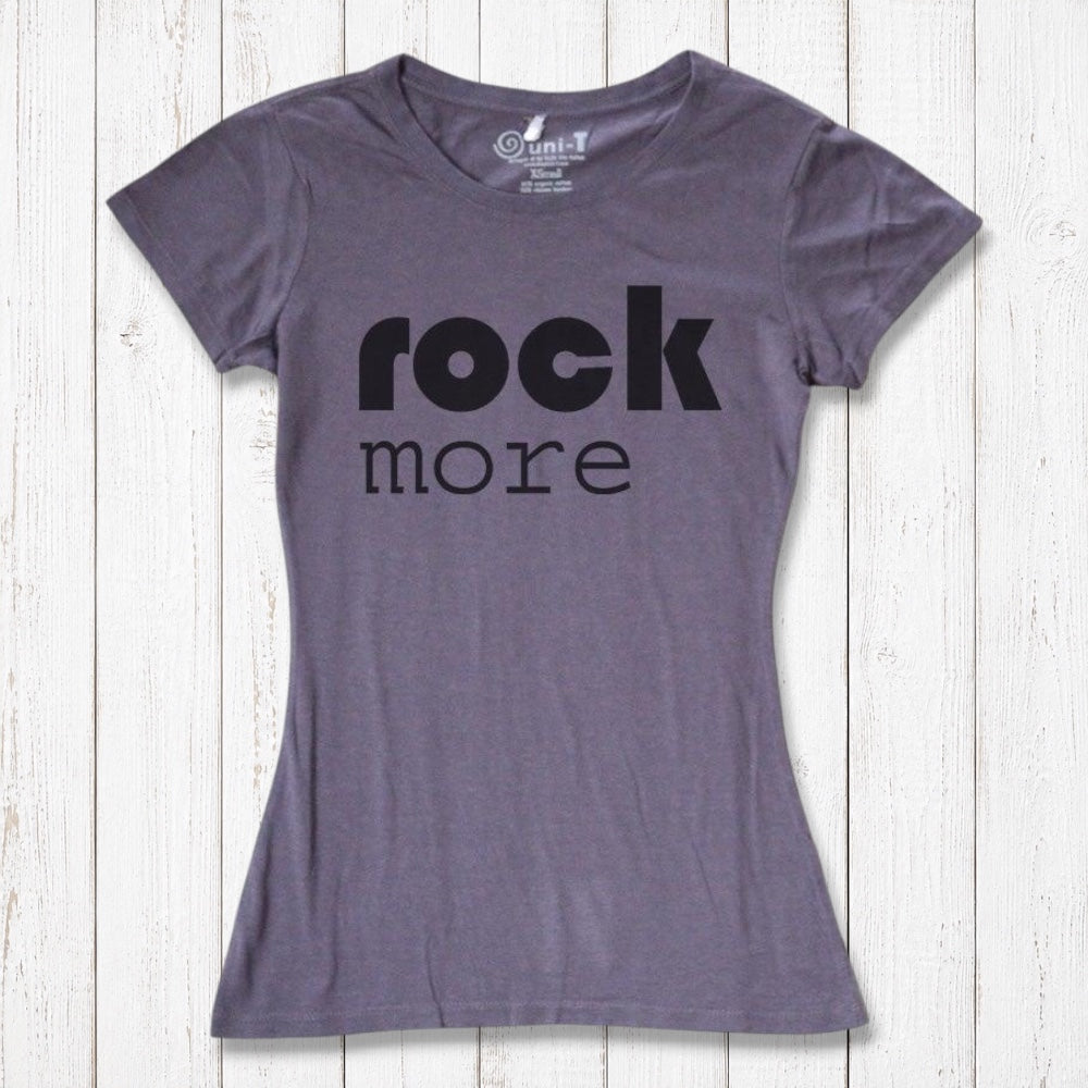 Charcoal gray 'Rock More' women's t-shirt made from bamboo & organic cotton. Eco-conscious graphic tee for rock music lovers.