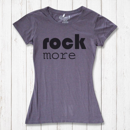 Charcoal gray 'Rock More' women's t-shirt made from bamboo & organic cotton. Eco-conscious graphic tee for rock music lovers.