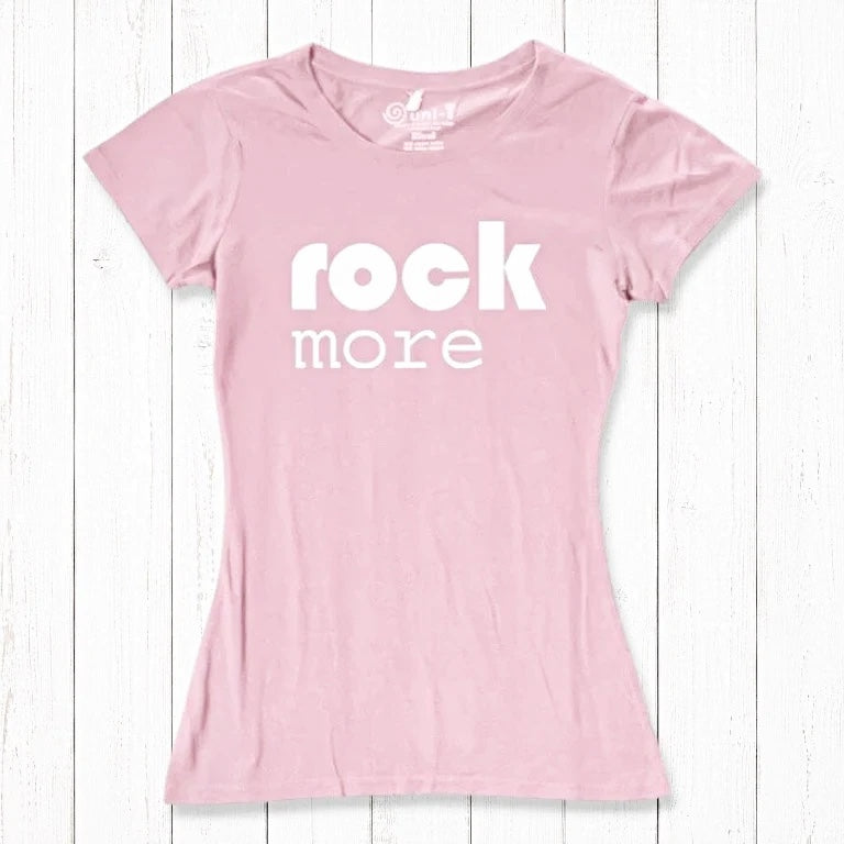 Light pink 'Rock More' women's t-shirt crafted from bamboo & organic cotton. Soft, eco-friendly tee for music lovers and casual wear.