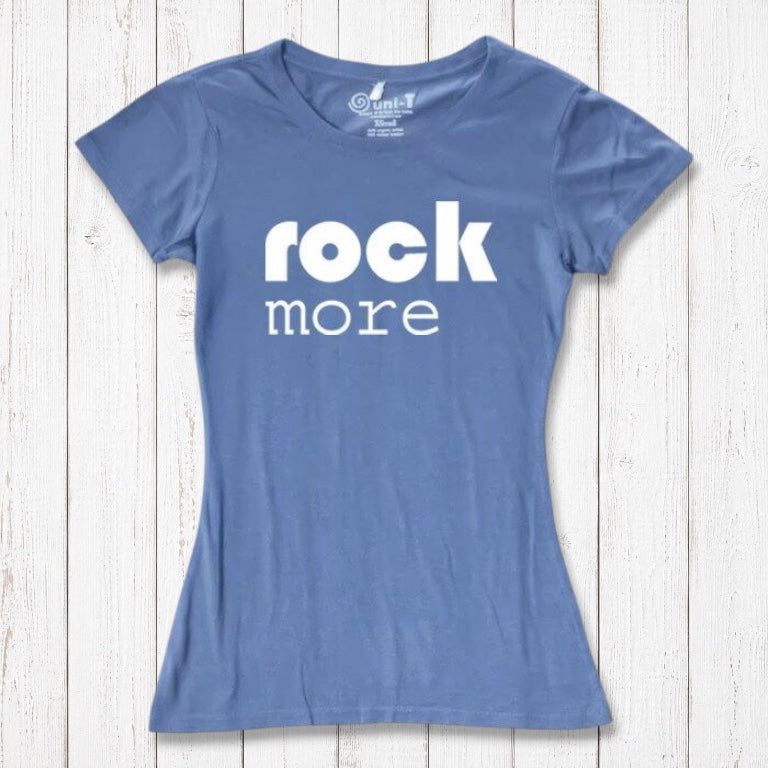 Blue 'Rock More' women's t-shirt in bamboo & organic cotton. Sustainable concert-style graphic tee for music enthusiasts.