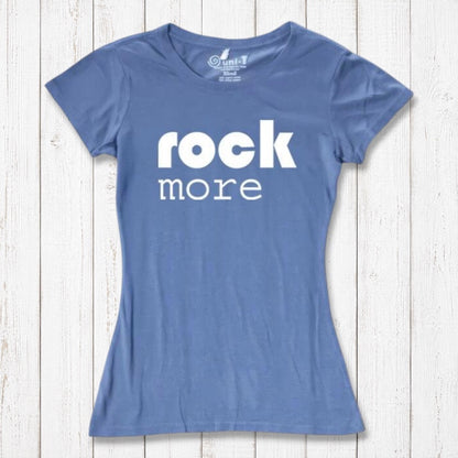 Blue 'Rock More' women's t-shirt in bamboo & organic cotton. Sustainable concert-style graphic tee for music enthusiasts.