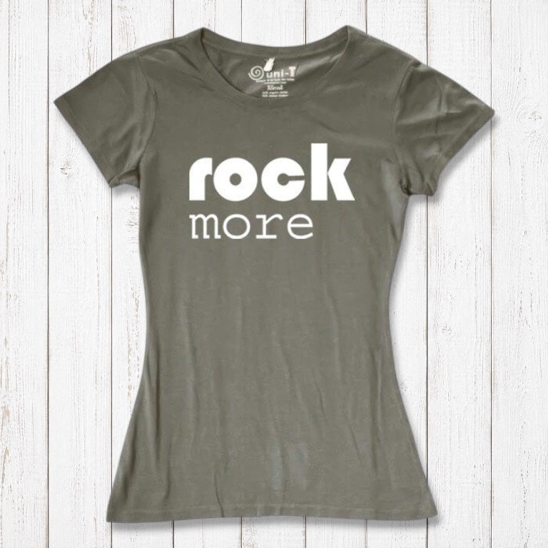 Olive green 'Rock More' women's t-shirt made from bamboo & organic cotton. Eco-friendly music-themed top for casual outfits.