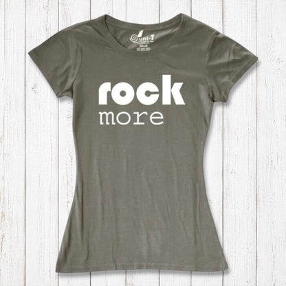 Olive green 'Rock More' women's t-shirt made from bamboo & organic cotton. Eco-friendly music-themed top for casual outfits.