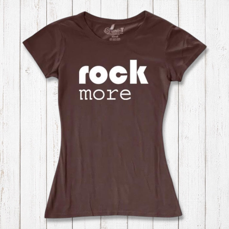 Chocolate brown 'Rock More' women's t-shirt crafted from bamboo & organic cotton. Eco-conscious music quote tee for concerts.