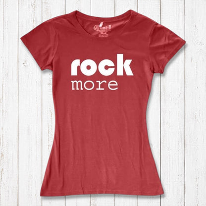 Red 'Rock More' women's t-shirt in bamboo & organic cotton. Bold graphic tee for music lovers and sustainable fashion fans.