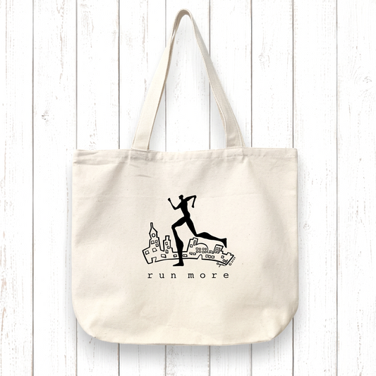 Runners Gift Tote Bag - RUN MORE Artist Design in black print on organic cotton canvas, ideal for eco-conscious fitness lovers and daily use.