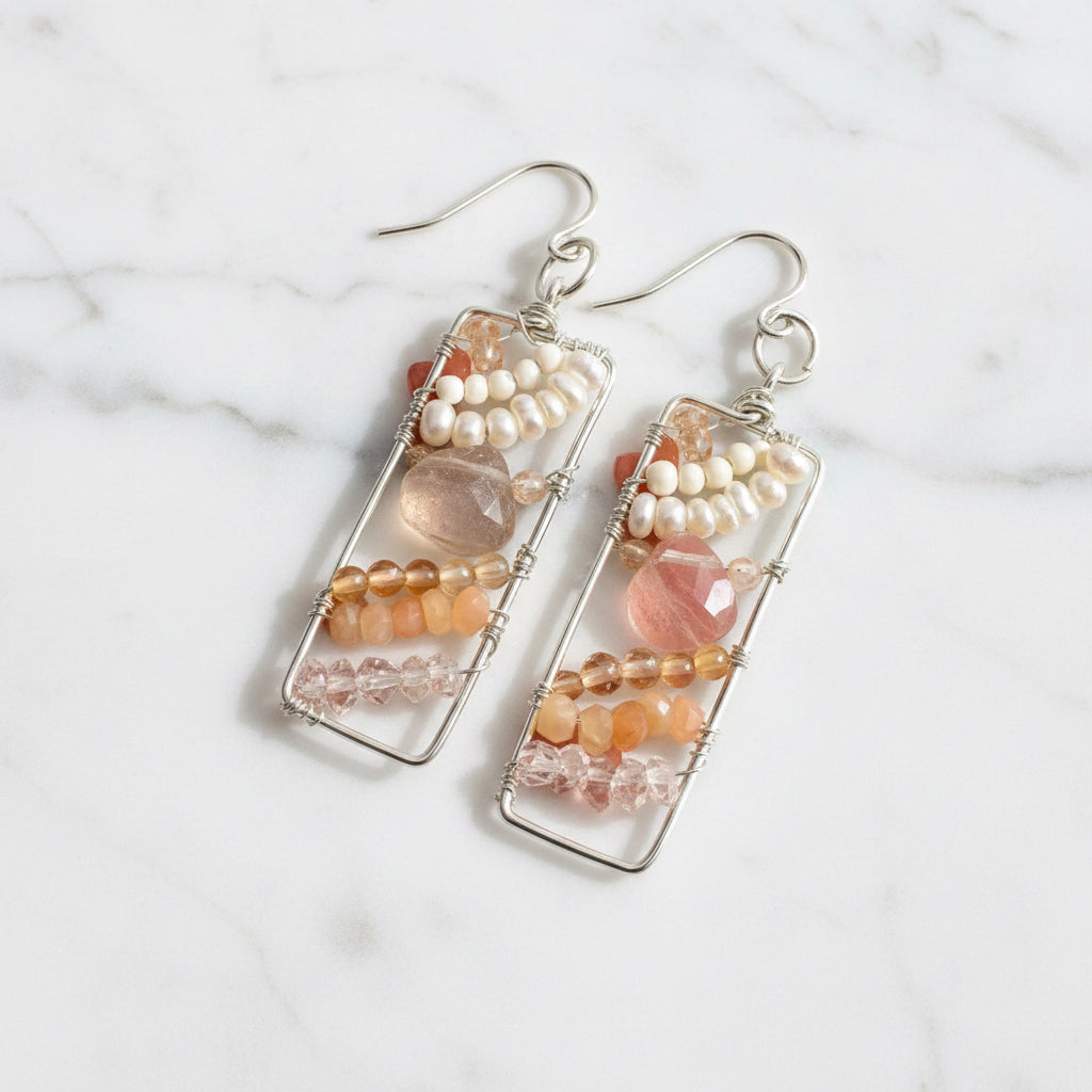 Rectangle Peach and Cream Earrings