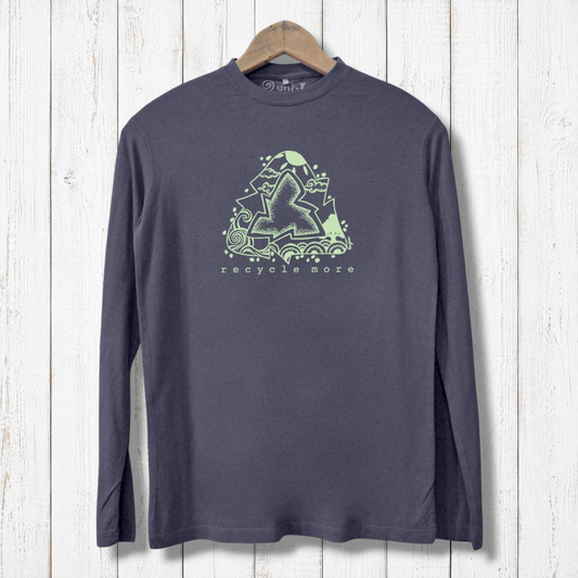 Eco-friendly 'Recycle More' men's long sleeve t-shirt in charcoal gray, made from bamboo and organic cotton. Features a green recycling graphic.