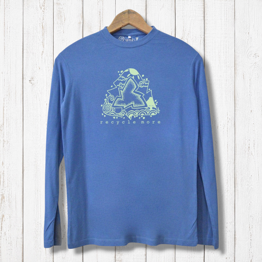 Sustainable blue 'Recycle More' long sleeve t-shirt for men with eco message and green recycle symbol, crafted from bamboo and organic cotton.