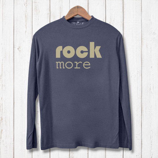 Rock More Long Sleeves - Eco-Friendly Shirts in navy blue made from bamboo and organic cotton with bold beige graphic text for music lovers.