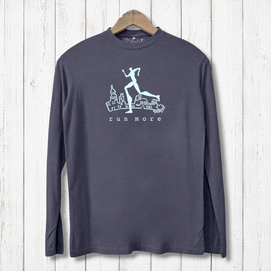 Men's bamboo long sleeve running shirt in charcoal with 'Run More' cityscape print. Lightweight and ideal for fitness and jogging.