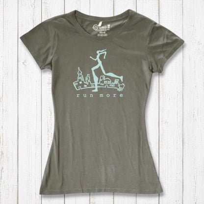 Olive green women's bamboo and organic cotton t-shirt with 'Run More' cityscape graphic, perfect eco-friendly athletic wear for runners.