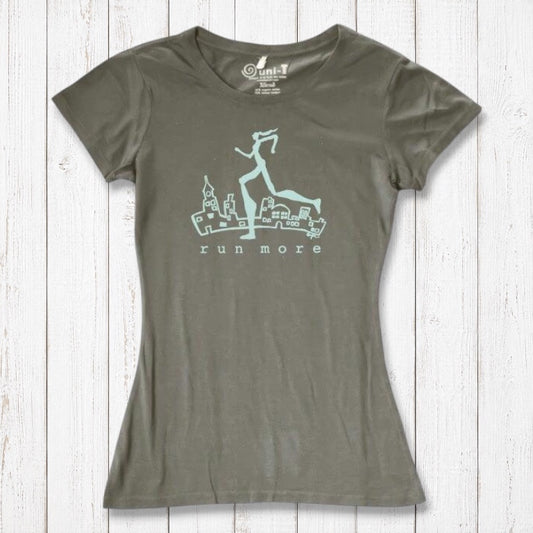 Olive green women's bamboo and organic cotton t-shirt with 'Run More' cityscape graphic, perfect eco-friendly athletic wear for runners.