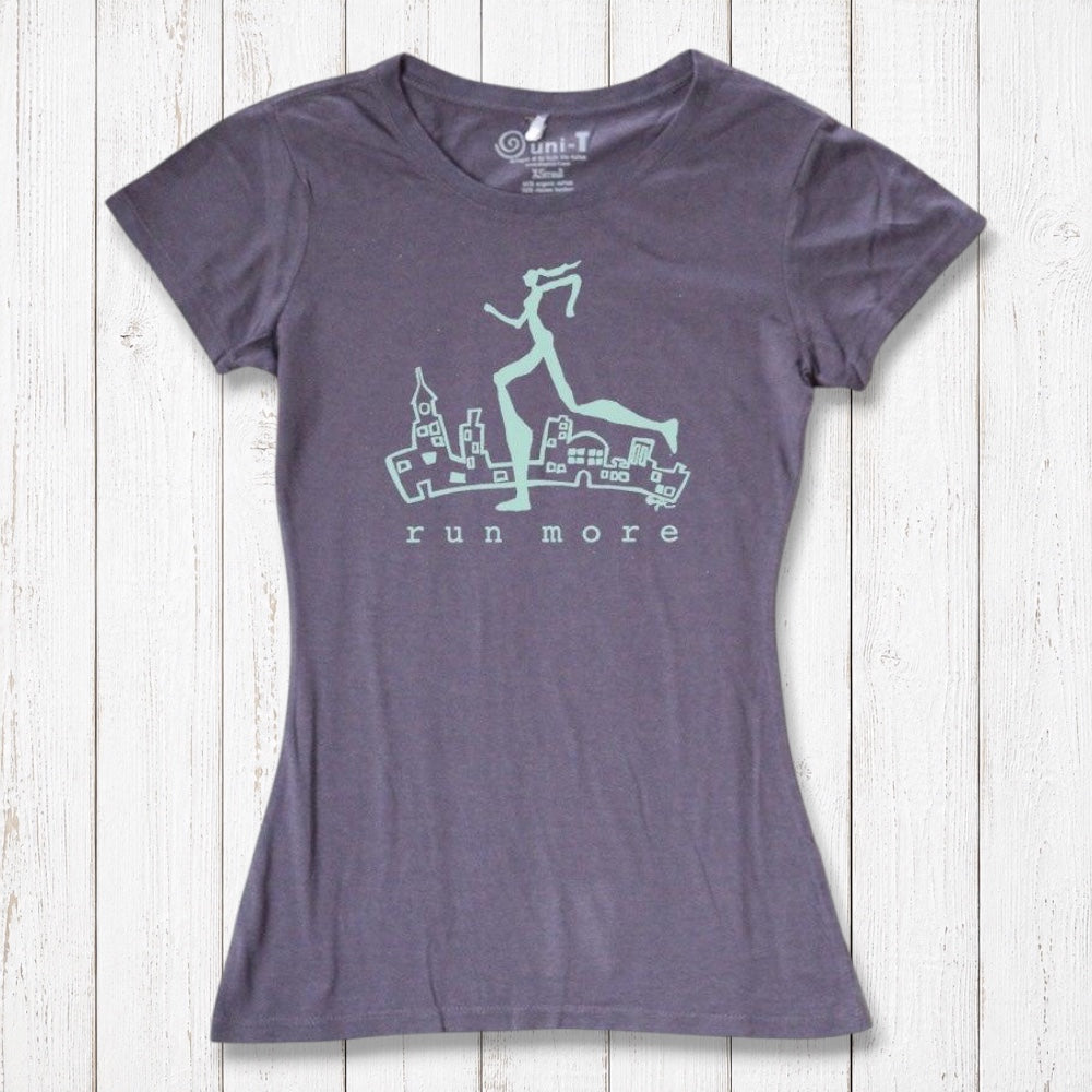 Charcoal purple women's sustainable running t-shirt featuring 'Run More' graphic, made from bamboo and organic cotton for active lifestyles.